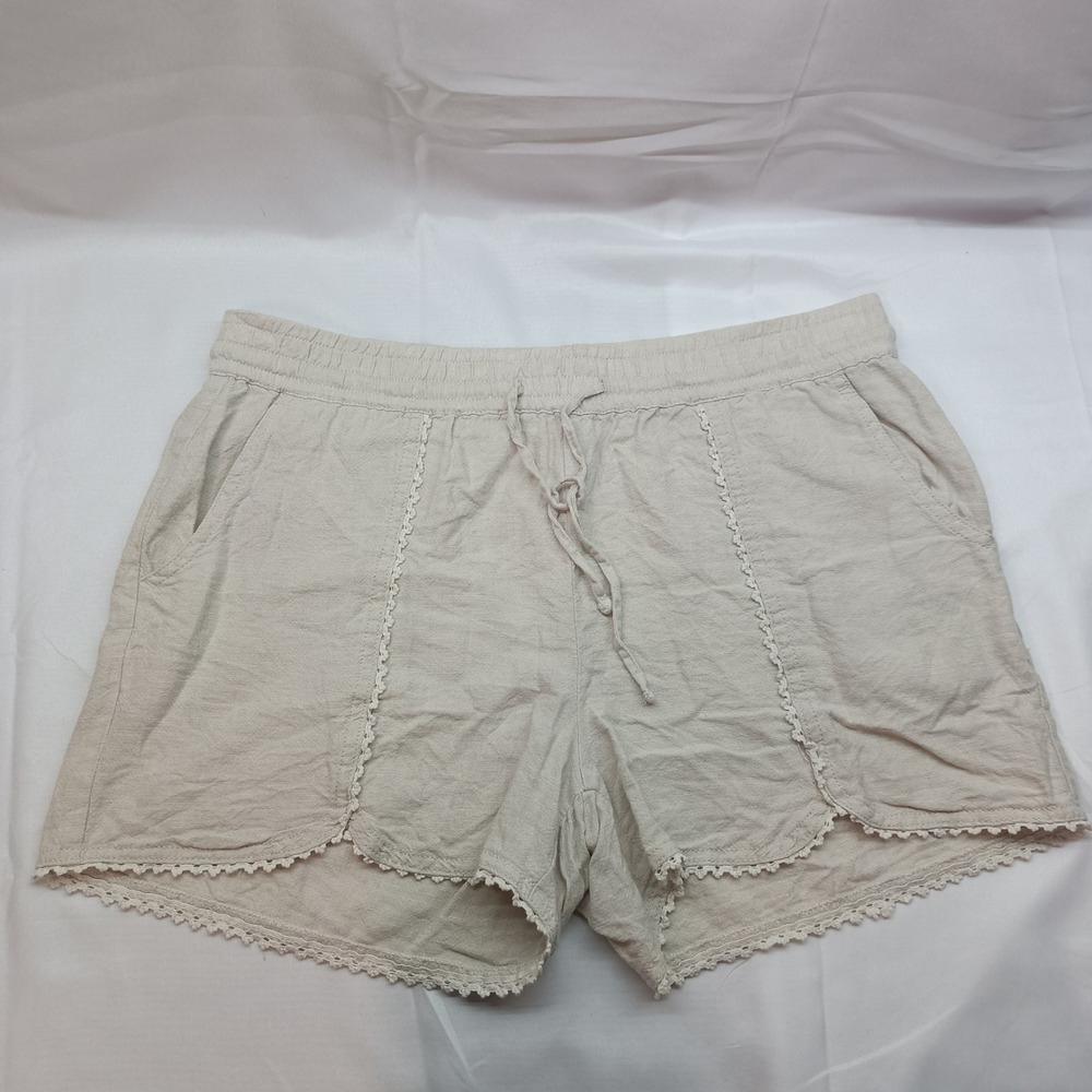 Caslon Women M Oatmeal Beige Linen Blend Crochet Lace Trim Drawstring Shorts